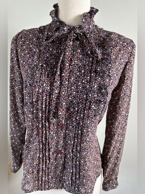 Floral Ruffled Tie-Neck Blouse in Navy and Pink, Size S